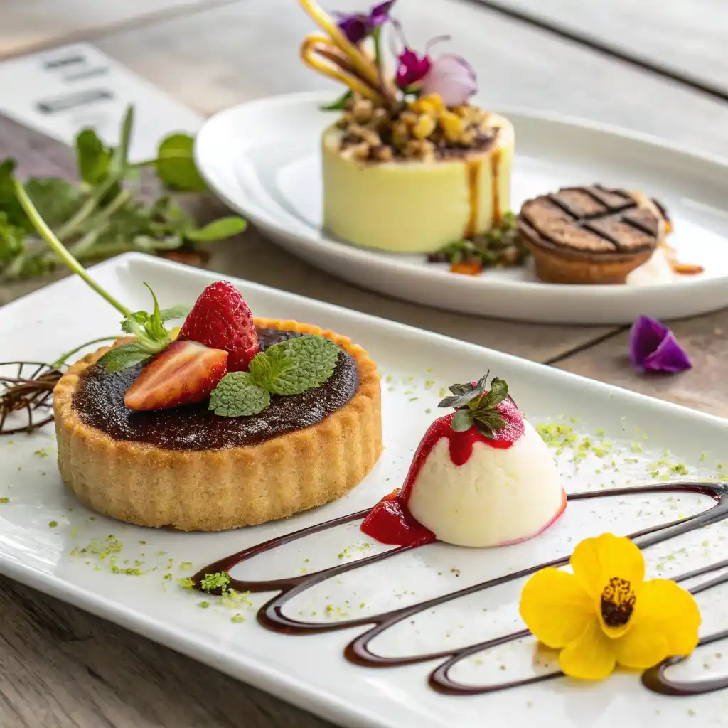 A beautifully arranged dessert platter featuring an olive oil cake drizzled with balsamic reduction, a chocolate tart infused with wasabi, and coconut panna cotta topped with spicy mango salsa, garnished with microgreens and edible flowers.