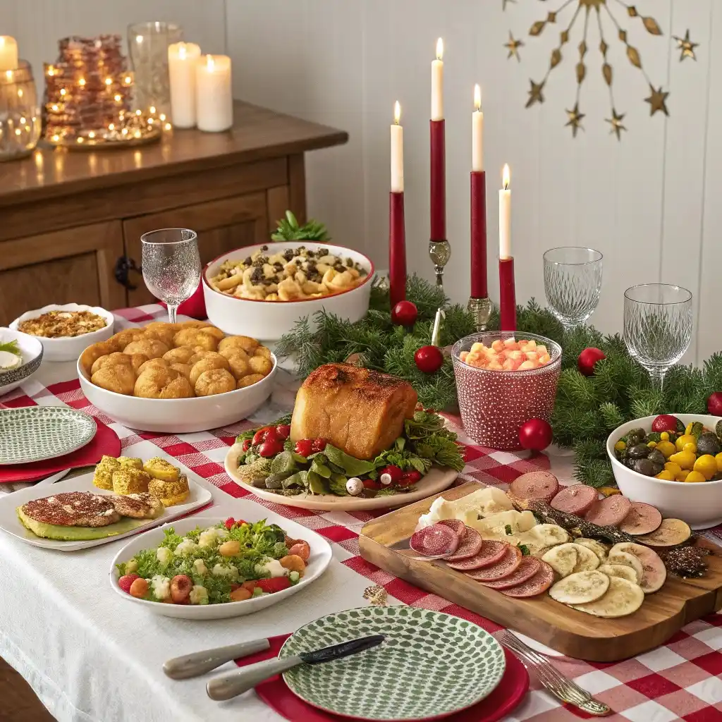 Festively decorated dining table with a variety of holiday dishes including a roasted turkey, seasonal vegetables, and colorful desserts, creating a warm atmosphere for gatherings.
