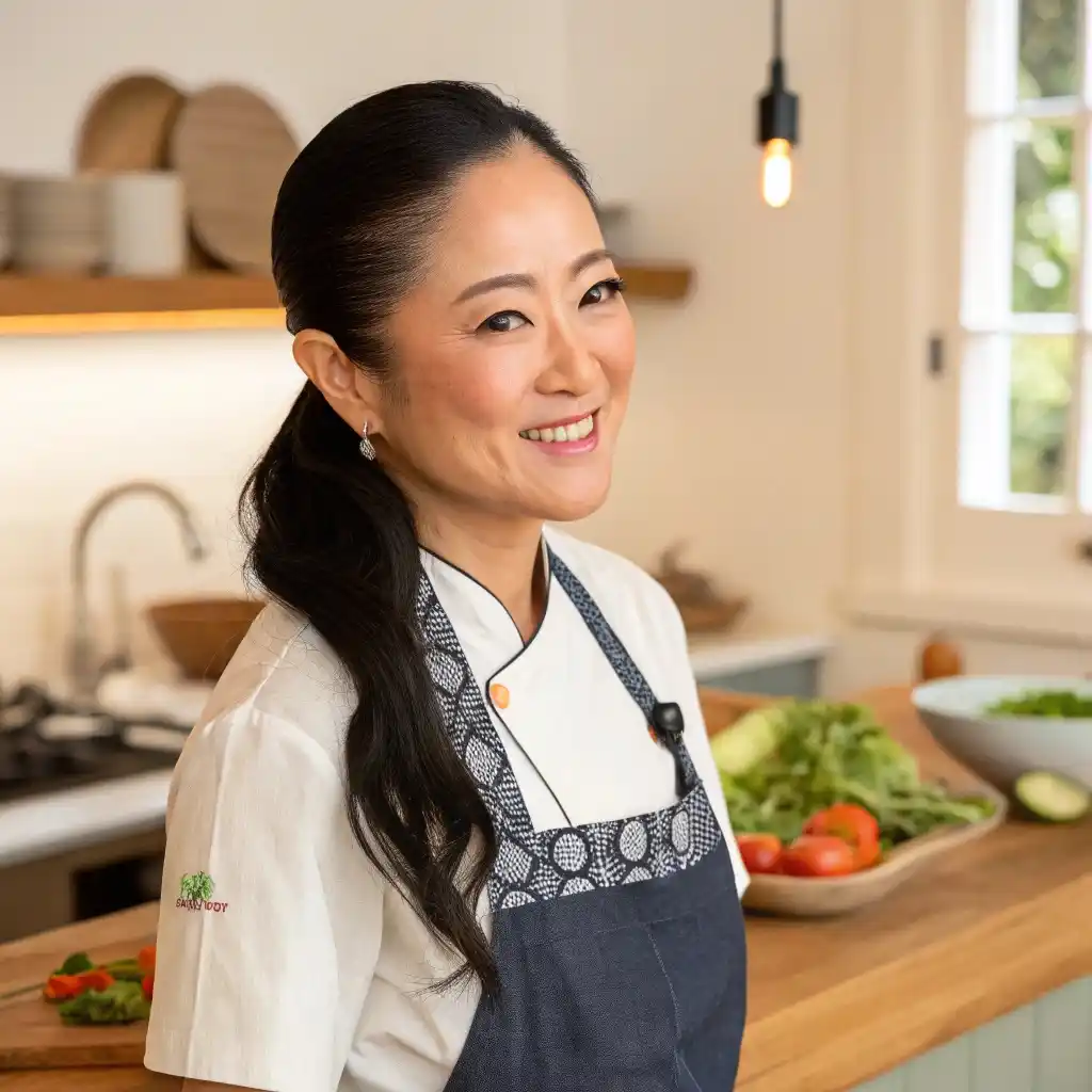 Chef Hana Umami smiling in a cozy kitchen with fresh ingredients.