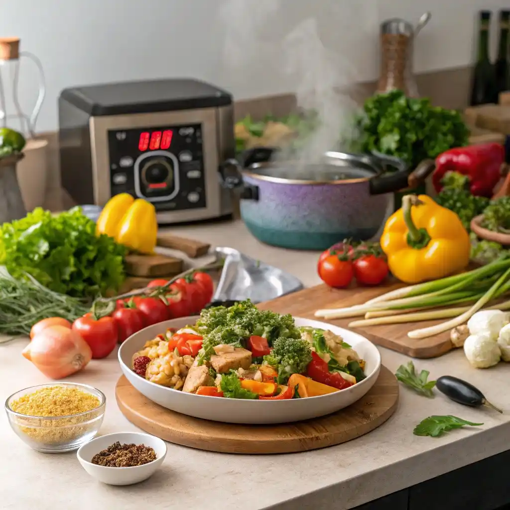 Colorful ingredients for quick umami recipes on a kitchen counter, featuring fresh vegetables, herbs, and proteins, with a beautifully plated dish and a timer.
